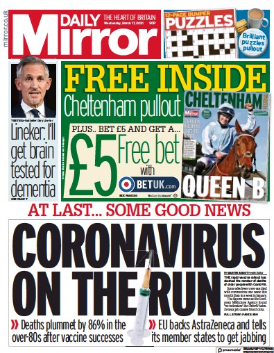 Daily Mirror Newspaper Front Page (UK) for 17 March 2021