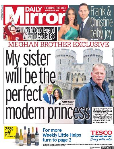 Daily Mirror Newspaper Front Page (UK) for 17 May 2018