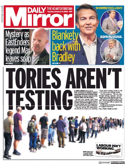 Daily Mirror Newspaper Front Page (UK) for 17 September 2020