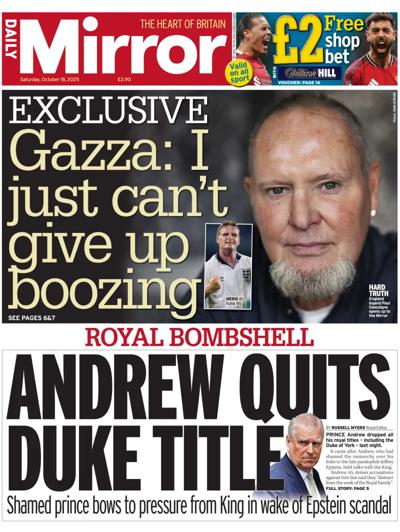 Daily Mirror Newspaper Front Page (UK) for 18 October 2025