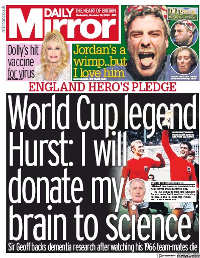 Daily Mirror Newspaper Front Page (UK) for 18 November 2020