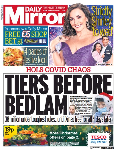 Daily Mirror Newspaper Front Page (UK) for 18 December 2020