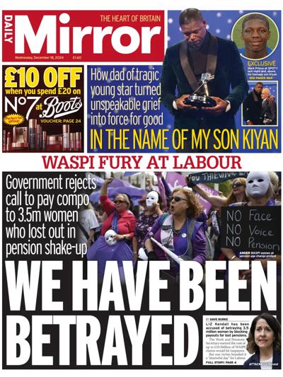 Daily Mirror Newspaper Front Page (UK) for 18 December 2024