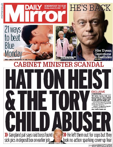 Daily Mirror Newspaper Front Page (UK) for 18 January 2016