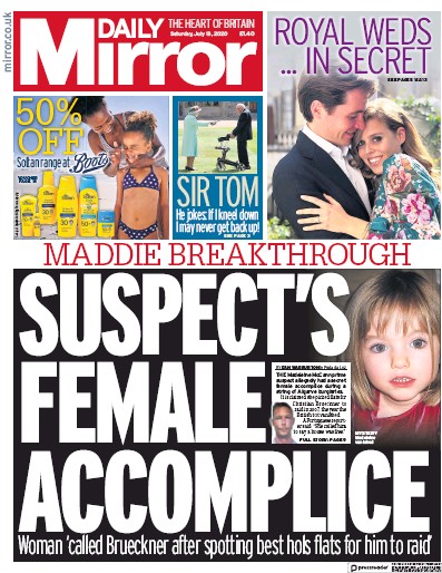 Daily Mirror Newspaper Front Page (UK) for 18 July 2020