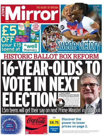 Daily Mirror Newspaper Front Page (UK) for 18 July 2025