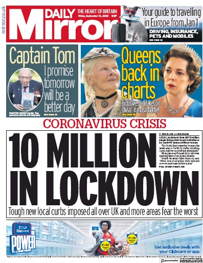 Daily Mirror Newspaper Front Page (UK) for 18 September 2020