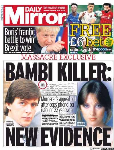 Daily Mirror Newspaper Front Page (UK) for 19 October 2019