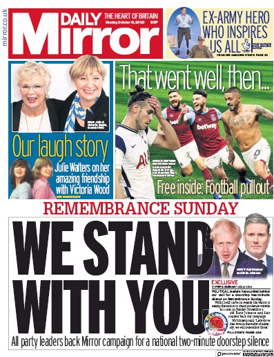 Daily Mirror Newspaper Front Page (UK) for 19 October 2020