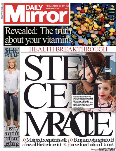 Daily Mirror Newspaper Front Page (UK) for 19 January 2016