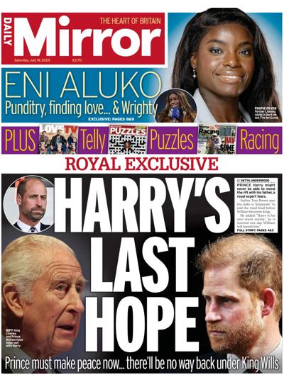 Daily Mirror Newspaper Front Page (UK) for 19 July 2025