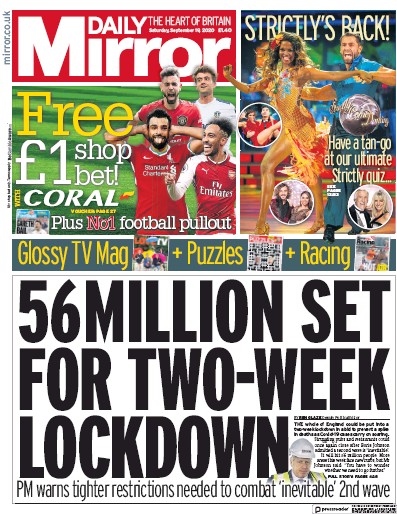 Daily Mirror Newspaper Front Page (UK) for 19 September 2020