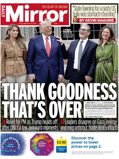 Daily Mirror Newspaper Front Page (UK) for 19 September 2025