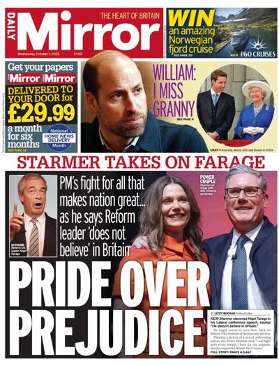 Daily Mirror Newspaper Front Page (UK) for 1 October 2025