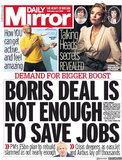 Daily Mirror Newspaper Front Page (UK) for 1 July 2020