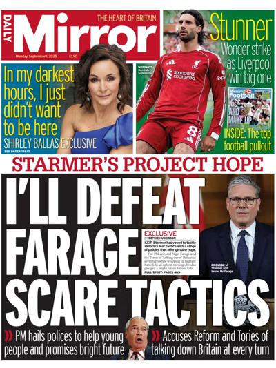 Daily Mirror Newspaper Front Page (UK) for 1 September 2025