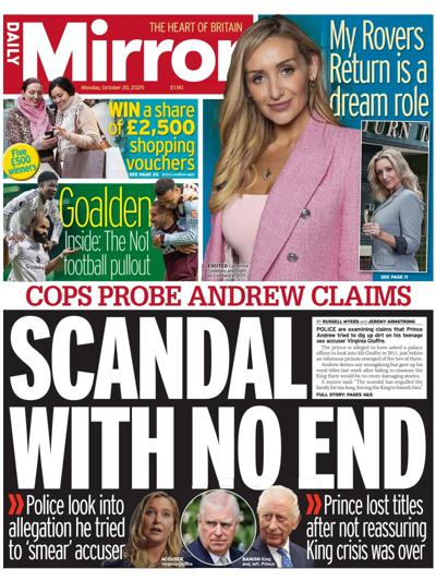 Daily Mirror Newspaper Front Page (UK) for 20 October 2025