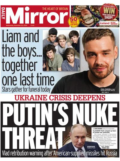 Daily Mirror Newspaper Front Page (UK) for 20 November 2024