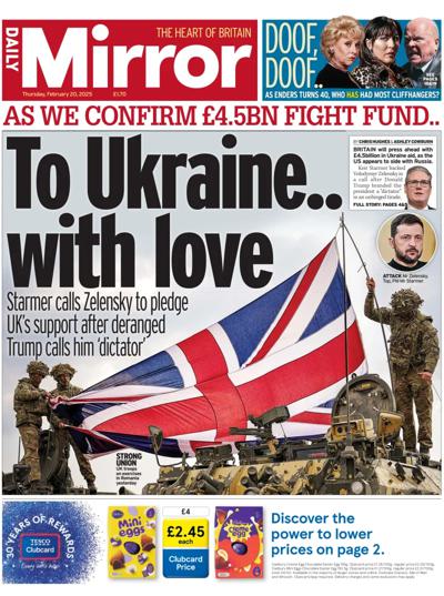 Daily Mirror Newspaper Front Page (UK) for 20 February 2025