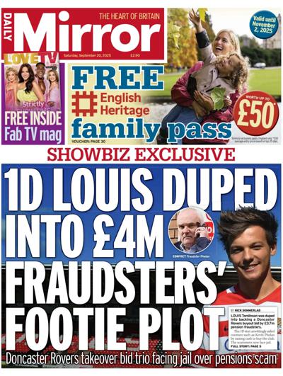 Daily Mirror Newspaper Front Page (UK) for 20 September 2025