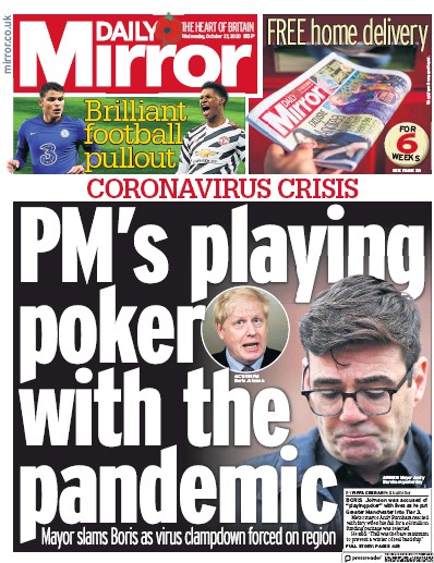 Daily Mirror Newspaper Front Page (UK) for 21 October 2020