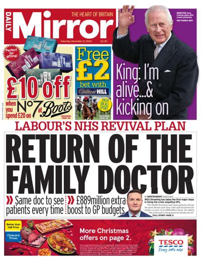 Daily Mirror Newspaper Front Page (UK) for 21 December 2024