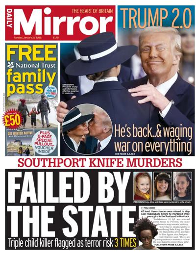 Daily Mirror Newspaper Front Page (UK) for 21 January 2025