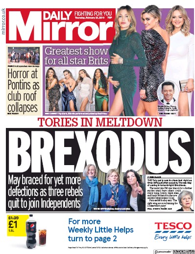 Daily Mirror Newspaper Front Page (UK) for 21 February 2019