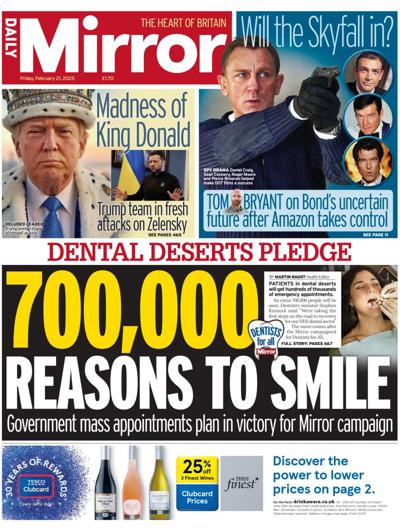 Daily Mirror Newspaper Front Page (UK) for 21 February 2025