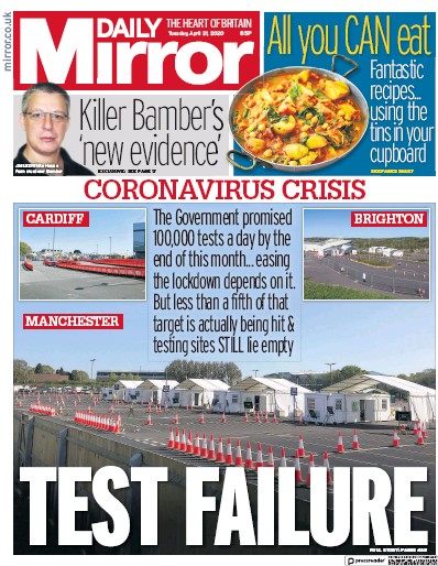 Daily Mirror Newspaper Front Page (UK) for 21 April 2020