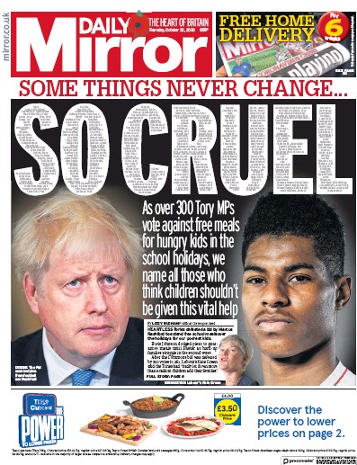 Daily Mirror Newspaper Front Page (UK) for 22 October 2020