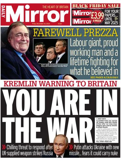 Daily Mirror Newspaper Front Page (UK) for 22 November 2024