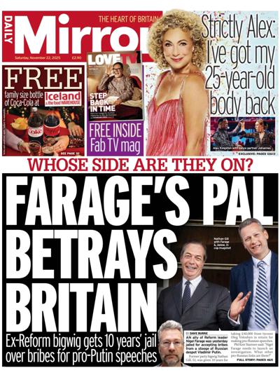 Daily Mirror Newspaper Front Page (UK) for 22 November 2025