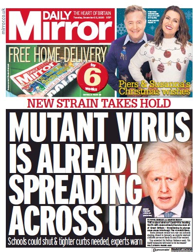 Daily Mirror Newspaper Front Page (UK) for 22 December 2020