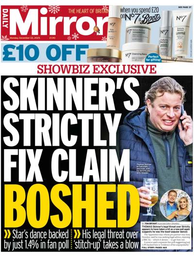 Daily Mirror Newspaper Front Page (UK) for 22 December 2025