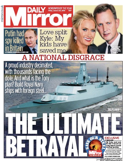 Daily Mirror Newspaper Front Page (UK) for 22 January 2016