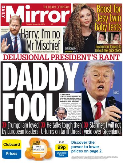 Daily Mirror Newspaper Front Page (UK) for 22 January 2026