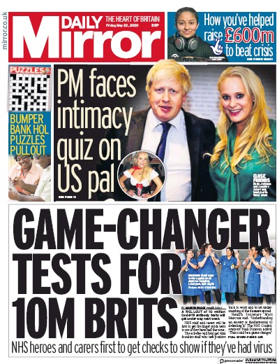 Daily Mirror Newspaper Front Page (UK) for 22 May 2020