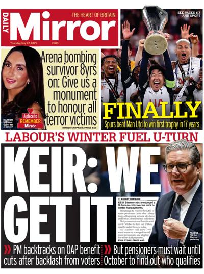 Daily Mirror Newspaper Front Page (UK) for 22 May 2025
