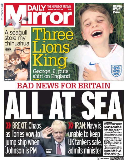 Daily Mirror Newspaper Front Page (UK) for 22 July 2019