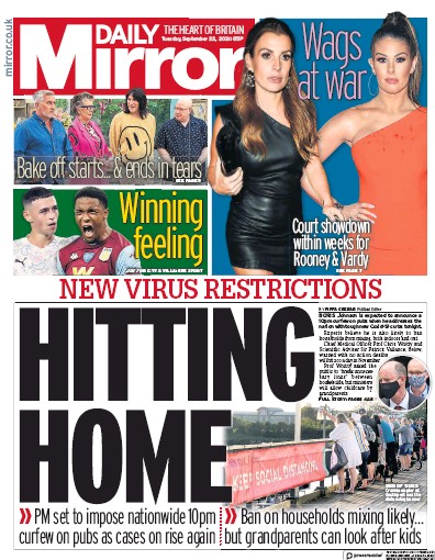 Daily Mirror Newspaper Front Page (UK) for 22 September 2020