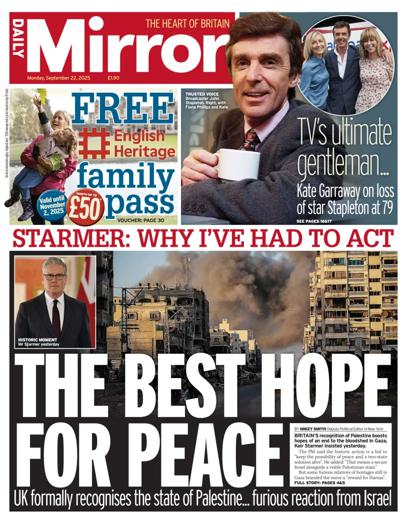 Daily Mirror Newspaper Front Page (UK) for 22 September 2025