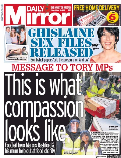 Daily Mirror Newspaper Front Page (UK) for 23 October 2020