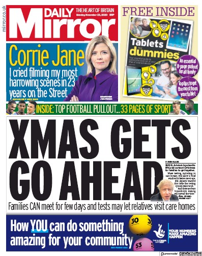 Daily Mirror Newspaper Front Page (UK) for 23 November 2020