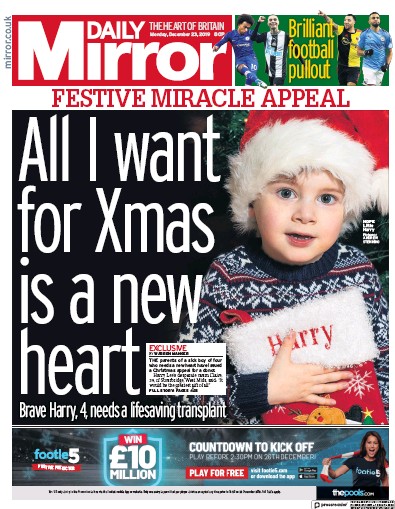 Daily Mirror Newspaper Front Page (UK) for 23 December 2019