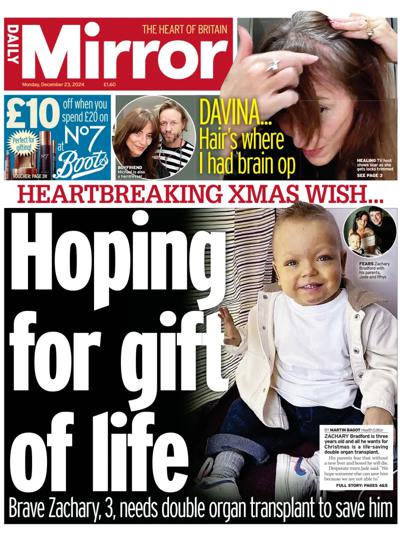 Daily Mirror Newspaper Front Page (UK) for 23 December 2024