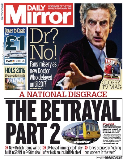 Daily Mirror Newspaper Front Page (UK) for 23 January 2016