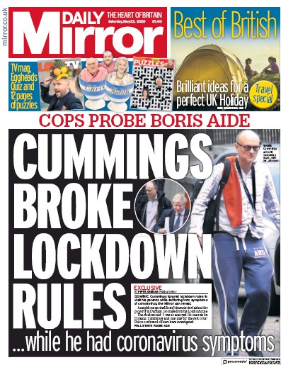 Daily Mirror Newspaper Front Page (UK) for 23 May 2020