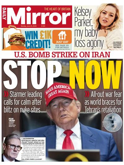 Daily Mirror Newspaper Front Page (UK) for 23 June 2025