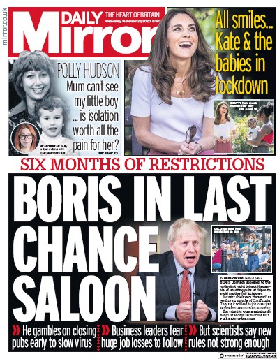 Daily Mirror Newspaper Front Page (UK) for 23 September 2020